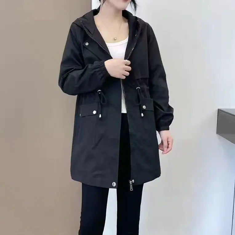 Women Windbreaker Jackets 2025 New Autumn Winter Mid-Length Loose Coat Hooded Lace-up Female Jacket Plus Velvet Warm Outwear Fe-belleandkai.com