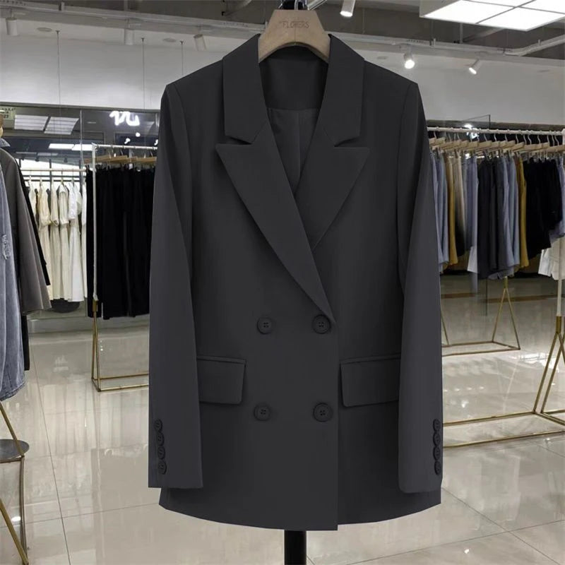Women's Blazer Double Breasted Office Wear Suit Coats 2025 Fashion Jackets Long Sleeve Flap Pockets Chic Female Outerwear-belleandkai.com