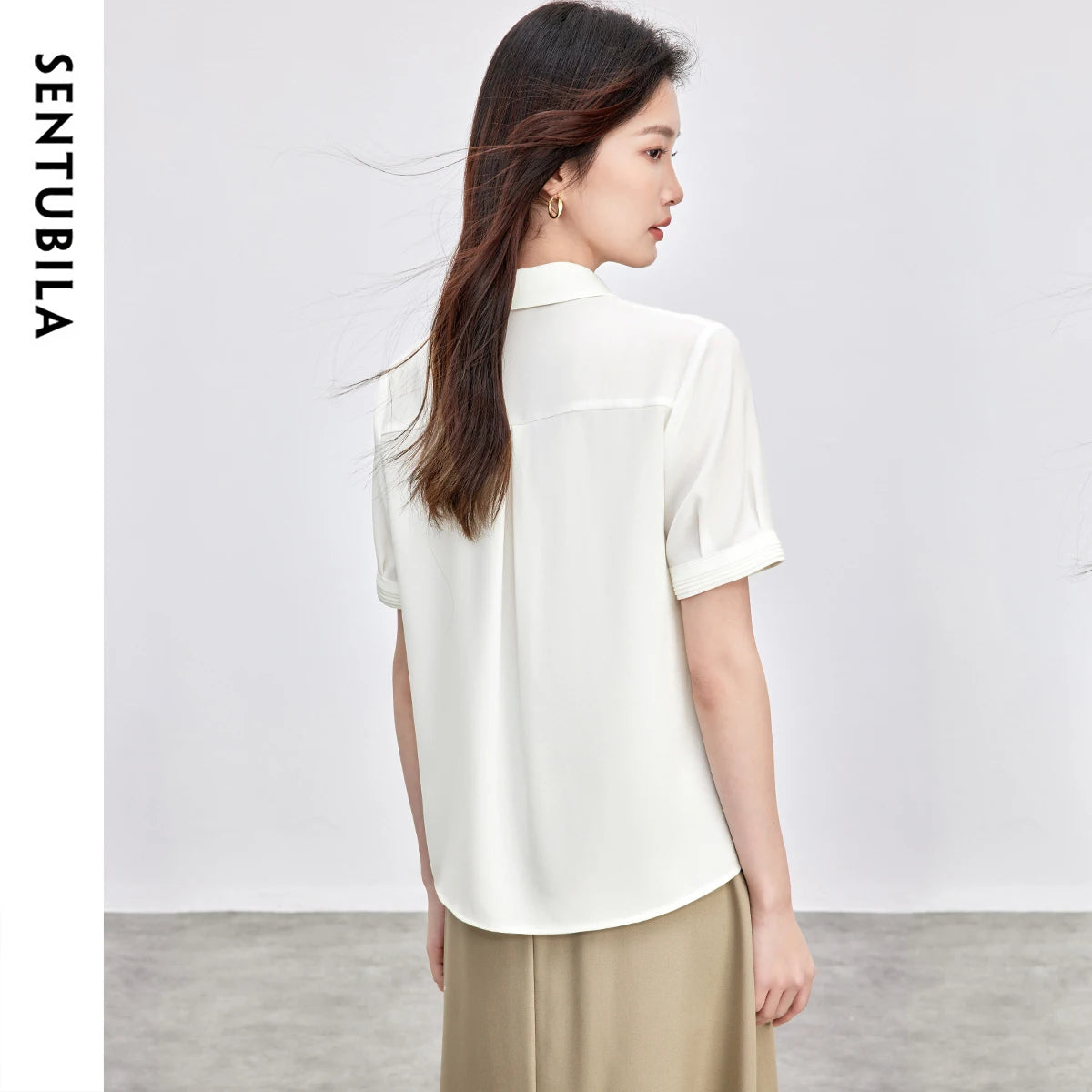 SENTUBILA Turn Down Collar Shirt Women Summer 2025 Twill Texture Chic Button Short Sleeve Elegant Solid Woman Blouse 152C87931-belleandkai.com