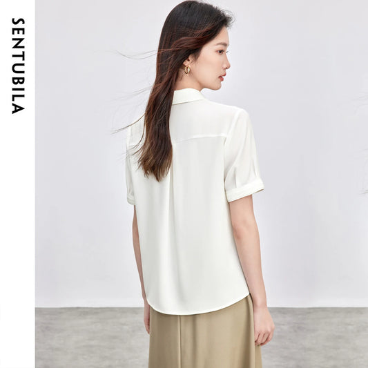SENTUBILA Turn Down Collar Shirt Women Summer 2025 Twill Texture Chic Button Short Sleeve Elegant Solid Woman Blouse 152C87931-belleandkai.com