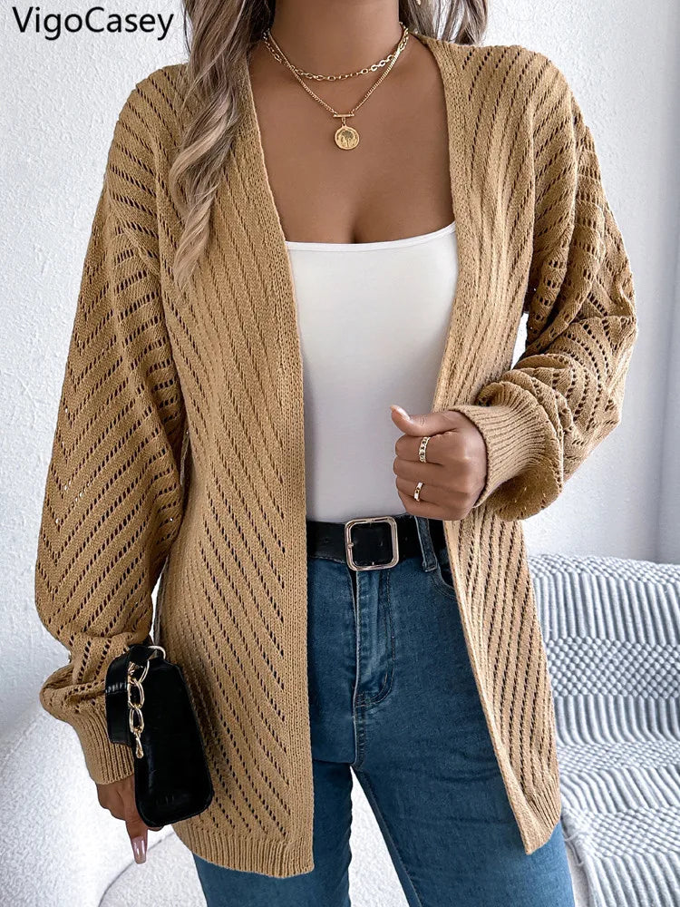 VigoCasey 2025 Autumn Winter Female Solid Sweater Cardigan Women Long Sleeve Cardigan Lady Hollow Loose Knitted Coat Outwears-belleandkai.com