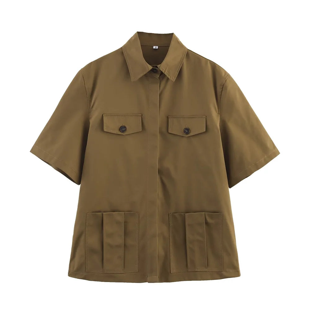 UNIZERA women's pocket embellished short sleeved lapel shirt pleated casual shorts spring/summer new casual women's clothing-belleandkai.com