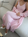 Hirsionsan Soft Loose Sets Women Three Pieces Long Sleeve Cardigan & Sexy Vest Dresses Elegant Female Hollow Outfits Tracksuit-belleandkai.com
