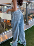 Women's Mid-waist jeans casual washed loose fried snowflake craft straight Denim trousers-belleandkai.com