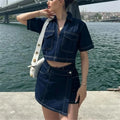 TRAF Blue Denim Shirt Woman Short Sleeve Cropped Shirt Women Summer Short Tops Woman Streetwear Y2k Stylish Women's Blouse-belleandkai.com