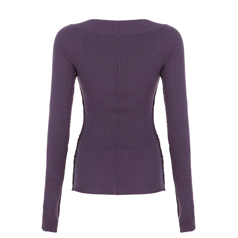 IAMHOTTY Basic Sweater Pullover Purple Solid Color Slim-fitting V-neck Knitted Top Fall Winter Retro Knitwear Casual Streetwear-belleandkai.com