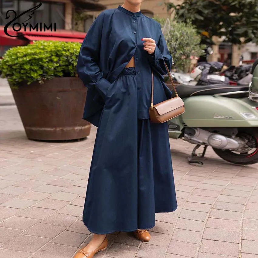 Oymimi Fashion Black Two Piece Set For Women Casual O-Neck Long Sleeve Button Shirts And High Waist Loose Pockets Trousers Sets-belleandkai.com