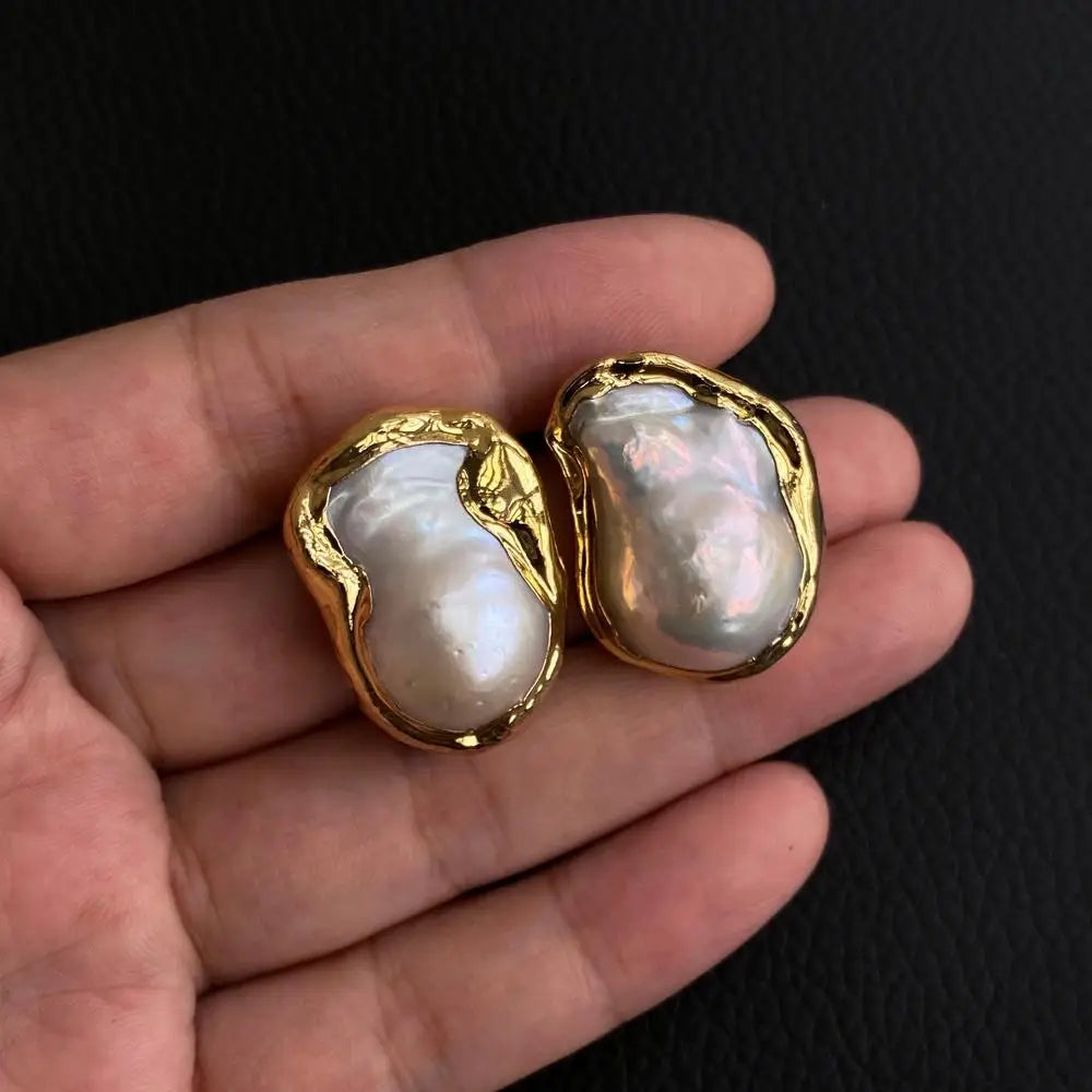 Y·YING Cultured White Keshi Baroque Pearl Stud Earrings Gold Plated Stud-belleandkai.com