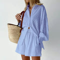 Women Jacquard Puff Sleeves Two Piece Sets for Summer Fashion Loose Shorts and Long Sleeved Shirt Outfits-belleandkai.com