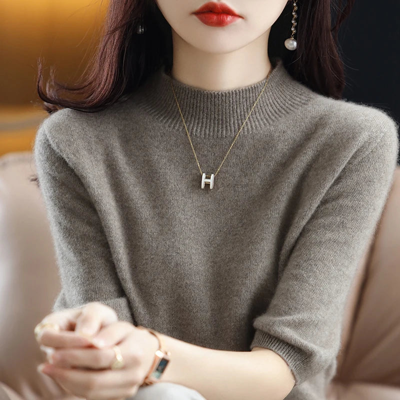 RONGYI Seamless Cashmere Sweater Knitted Women's Clothing 100% Pure Wool Short-Sleeved 2022 Spring Five-Quarter Sleeve  Pullover-belleandkai.com