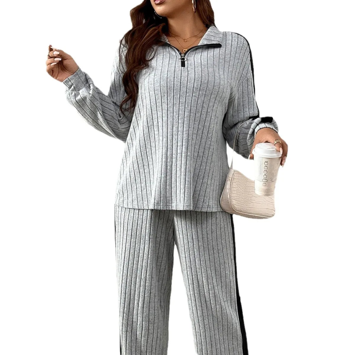 Women's Ribbed Sportswear Set Polo Lapel V-Neck Zipper Top Casual Solid Color Autumn and Winter Women 2 Piece Sets Women Outfit-belleandkai.com