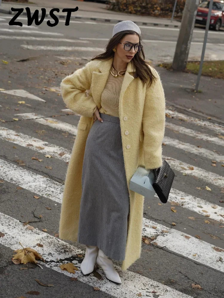 Elegant Lamb Wool Solid Women Maxi Coat Thicken Full Sleeve Lady Outwear 2024 Fashion Autumn Lapel Single Breasted Female Jacket-belleandkai.com