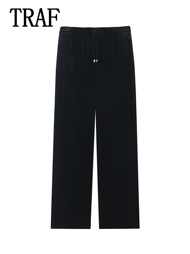 Women Fashion Velvet Trouser Set Streetwear Woman Wide Leg Long Pant +Long Sleeves Short Coat Top Women outfit-belleandkai.com