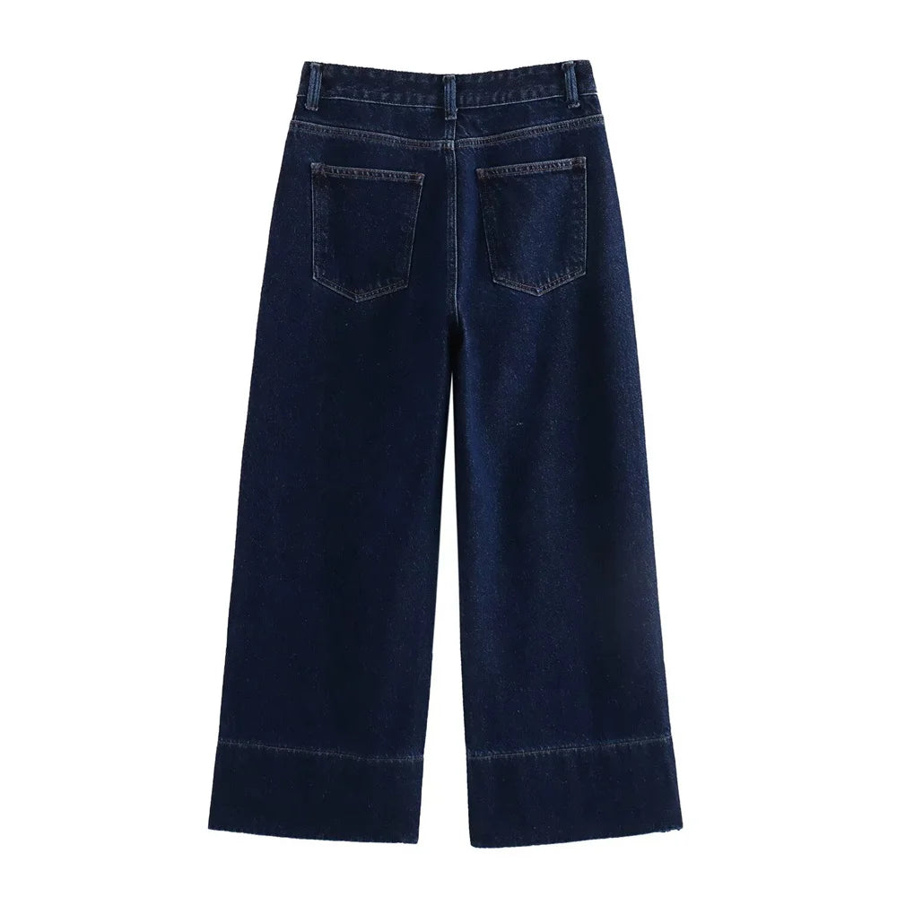 Summer New Product Casual Women's Fashion Solid Color Versatile Loose Simple High Waist Wide Leg Jeans-belleandkai.com