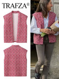TRAFZA Women Fashion Print Vest Quilted Sleeveless Loose Open Stitch Cardigan Coat Female Chic Casual Street Woman Waistcoat Top-belleandkai.com
