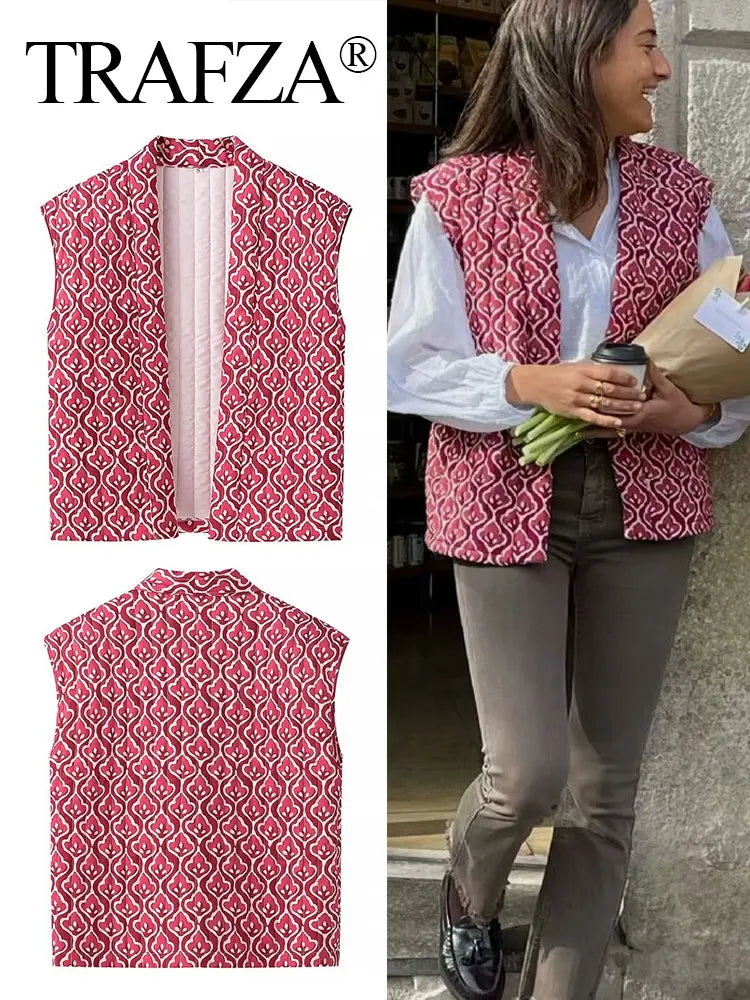 TRAFZA Women Fashion Print Vest Quilted Sleeveless Loose Open Stitch Cardigan Coat Female Chic Casual Street Woman Waistcoat Top-belleandkai.com