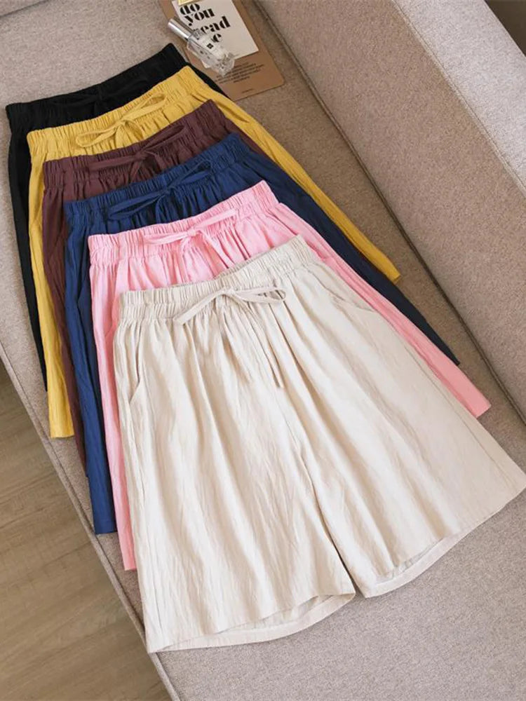 2024 Women Cotton Shorts,Summer Casual Solid Two Pockets shorts high waist loose shorts for girls Soft Cool female shorts-belleandkai.com