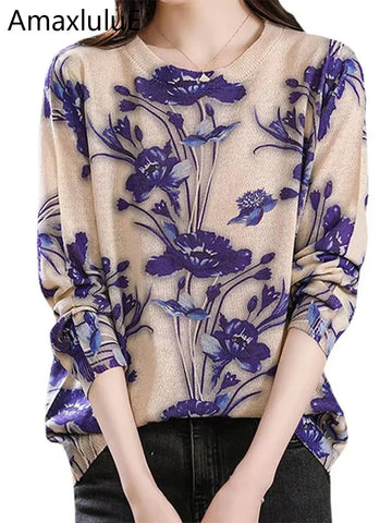 Amax luluE Summer Knitwear Womens Fashion Loose Printed Sweaters Ladies Luxury Leisure Floral Pullover Vintage Elegant Jumpers-belleandkai.com