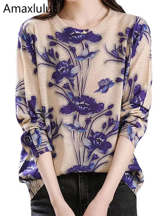 Amax luluE Summer Knitwear Womens Fashion Loose Printed Sweaters Ladies Luxury Leisure Floral Pullover Vintage Elegant Jumpers-belleandkai.com