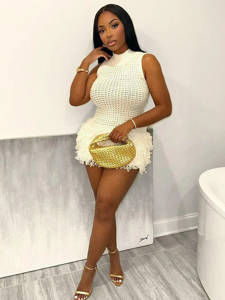 Weird Puss Crochet Dress Women Sexy Chic Y2K Summer Trend Tassel Hem Sleeveless Stretch Fashion Beach Vacation Clubwear Bodycon-belleandkai.com