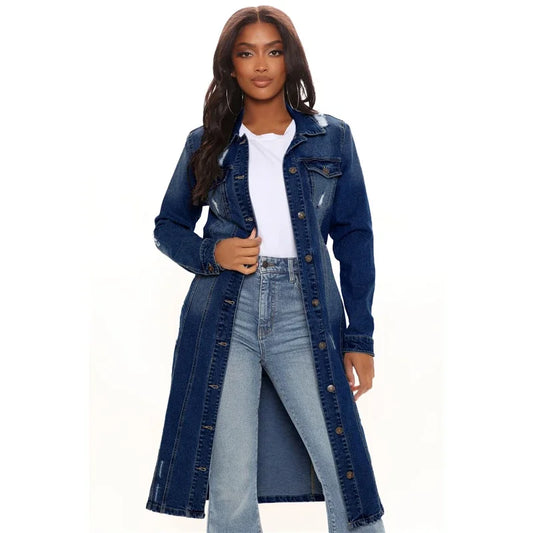 New Arrival Fashion Hole Cotton Autnmn Winter Long Denim Jacket 2023 Trench Coat Cardigan Jeans Cape Women Long Sleeve Jean Coat-belleandkai.com