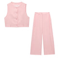 TFMLN Women Fashion Pant Two Pieces Sets Pink Slit Hem Short Tank Vest Straight Wide Leg Trousers Chic Office Lady Basic Outfits-belleandkai.com