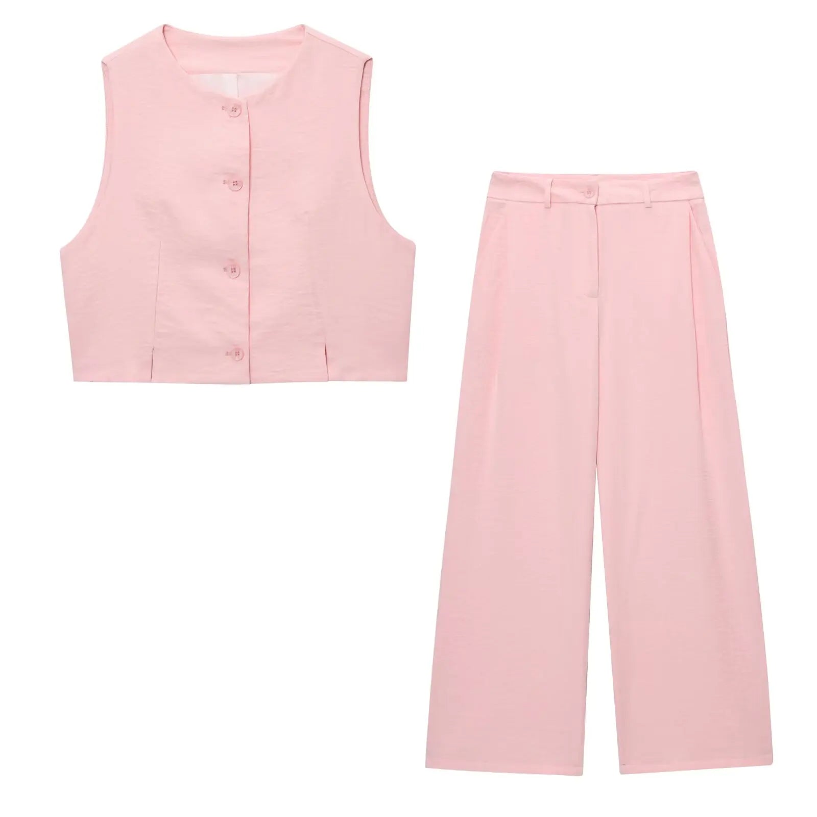 TFMLN Women Fashion Pant Two Pieces Sets Pink Slit Hem Short Tank Vest Straight Wide Leg Trousers Chic Office Lady Basic Outfits-belleandkai.com