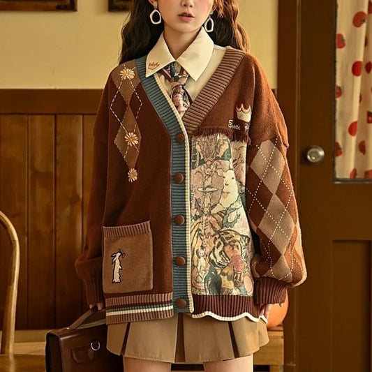 Vintage Harajuku Knit Cardigan Aesthetics Print Y2k Clothes V-neck Sweater Long Sleeve Coats College Style Streetwear Design-belleandkai.com