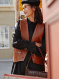 PU Punk V-neck Leather Vest Women Fashion Cropped Streetwear Tank Top Vest Leather Vintage Casual Sleeveless Leather Outerwear-belleandkai.com