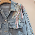 Harajuku Vintage Wings Embroidery Chain Tassel Denim Jacket Women Blue Short Coat Casual Long Sleeve Spring New Chaqueta Mujer-belleandkai.com