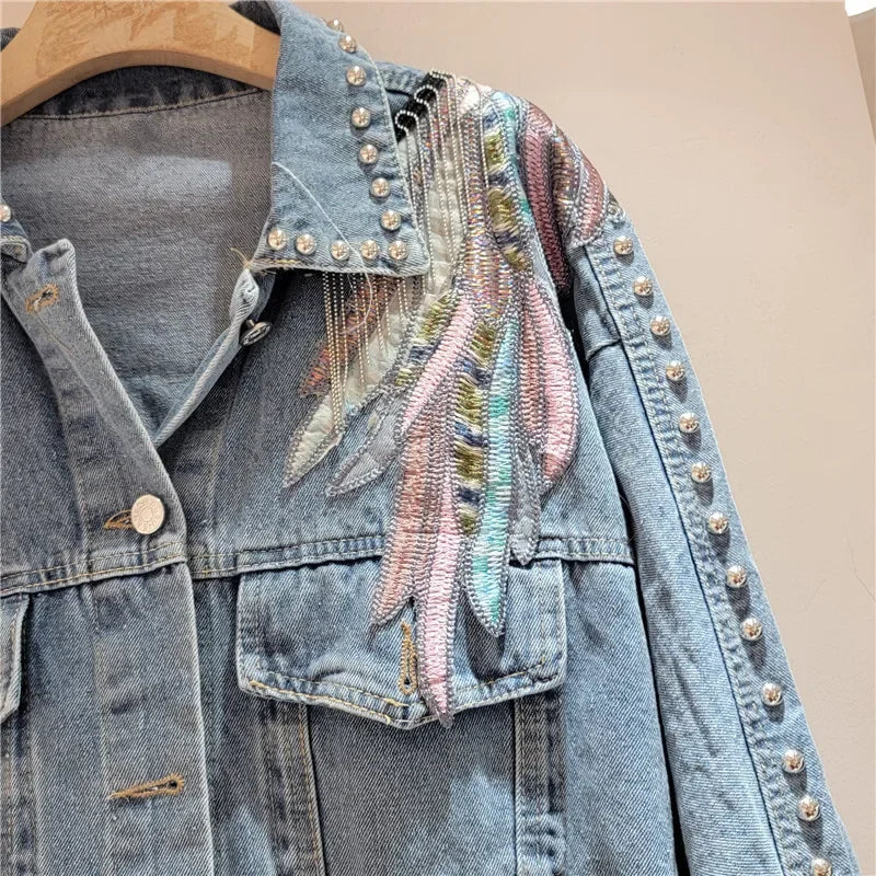 Harajuku Vintage Wings Embroidery Chain Tassel Denim Jacket Women Blue Short Coat Casual Long Sleeve Spring New Chaqueta Mujer-belleandkai.com