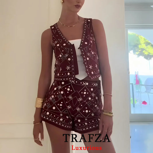 TRAFZA Casual Chic Red Embroidery Women Suits V Neck Sleeveless Vest Wide Leg Shorts Fashion 2025 Summer  Boho V Neck Women Sets-belleandkai.com