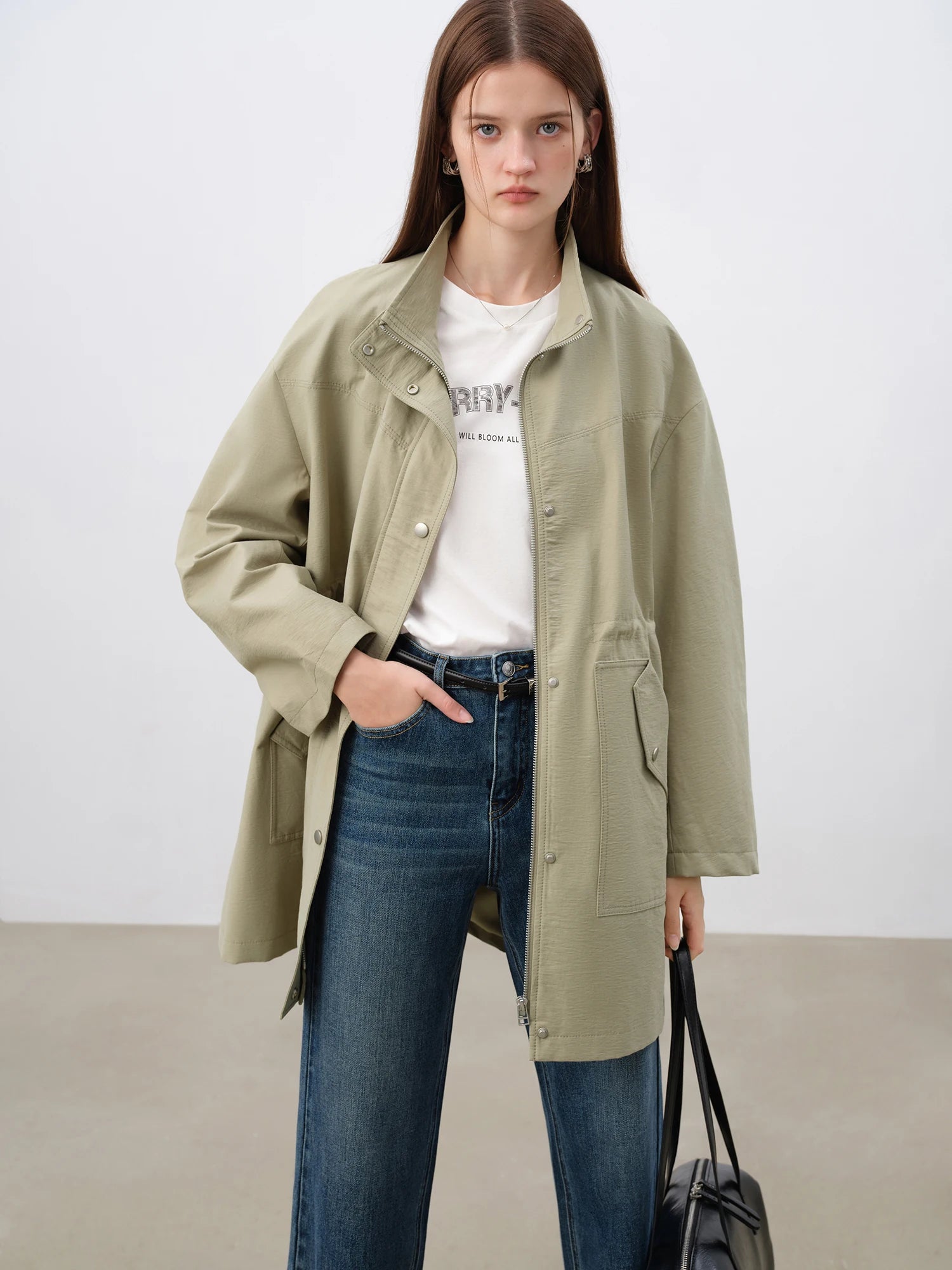 ZIQIAO Petite Size Versatile Casual Long Windbreaker for Women 2025 Spring New Barn Style Green Coat Trench 25ZQ91099-belleandkai.com