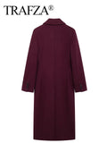 TRAFZA Women Fashion Burgundy Woolen Coat Double Breasted Long Sleeve Lapel Blends Jacket Autumn Winter High Street Outerwear-belleandkai.com