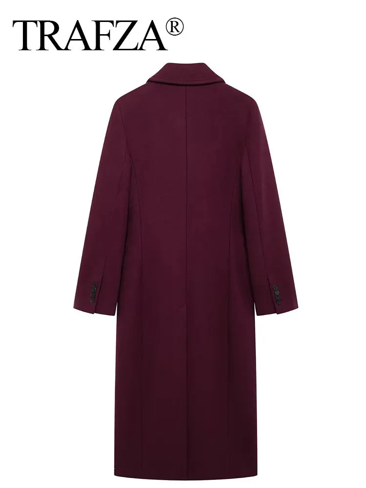 TRAFZA Women Fashion Burgundy Woolen Coat Double Breasted Long Sleeve Lapel Blends Jacket Autumn Winter High Street Outerwear-belleandkai.com
