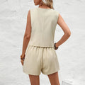 Summer Women Elegant Solid Waistcoat Shorts Set 2024 Sleeveless Vest Top+High Waist Slim Shorts Lady Office Casual 2 Pieces Set-belleandkai.com