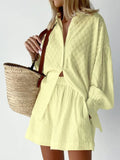 Women Jacquard Puff Sleeves Two Piece Sets for Summer Fashion Loose Shorts and Long Sleeved Shirt Outfits-belleandkai.com
