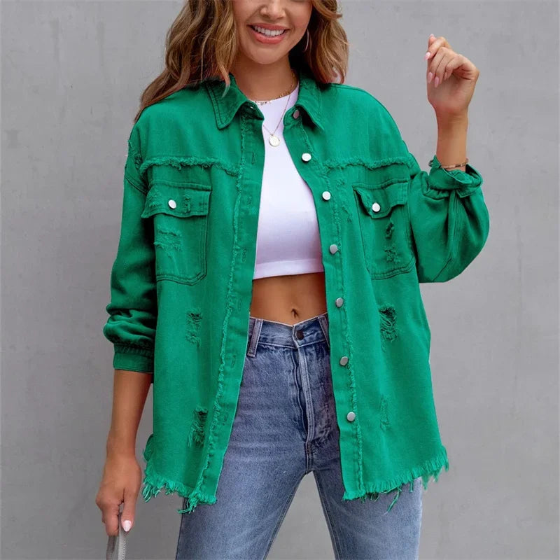 Fashion Broken Holes Solid Color Denim Jacket Ladies Comfortable Casual Loose Button Cardigan Coat Streetwear Women's Outerwear-belleandkai.com