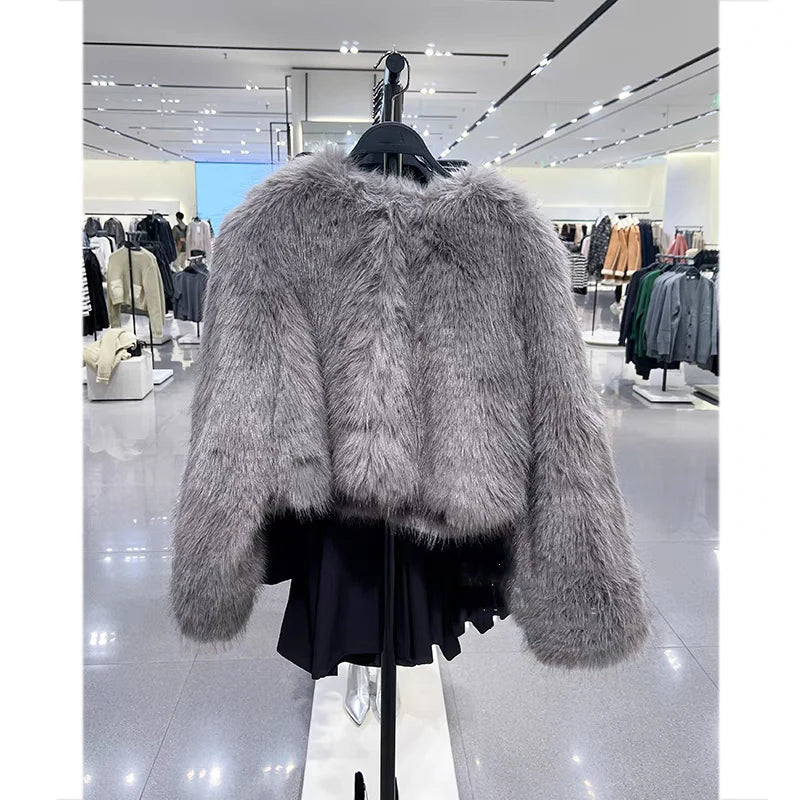 Spring Women's Cardigan Jacket Round Neck Pocket Fur Coat Solid Loose Suede Jacket Streetwear Vintag Outerwear-belleandkai.com