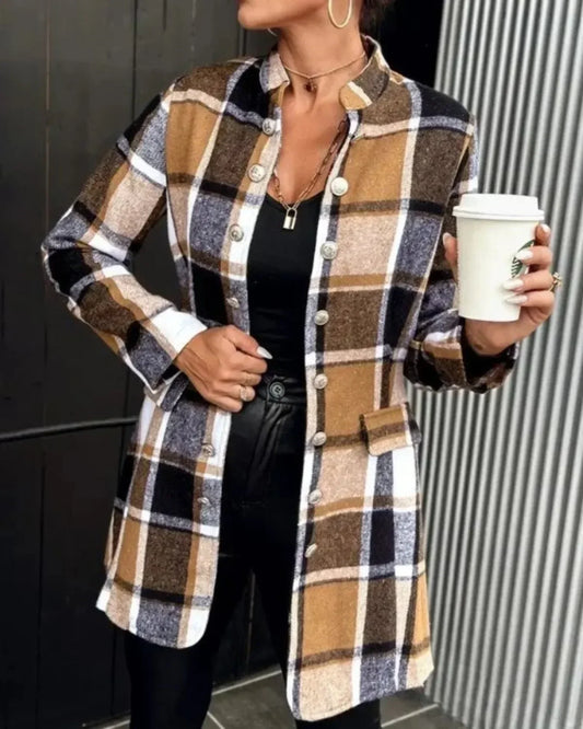 Plus Size 1XL-5XL Women Fashion Autumn and Winter Plaid Printing Coat Ladies Casual Long Sleeve Button Mock Neck Tunic Jacket-belleandkai.com