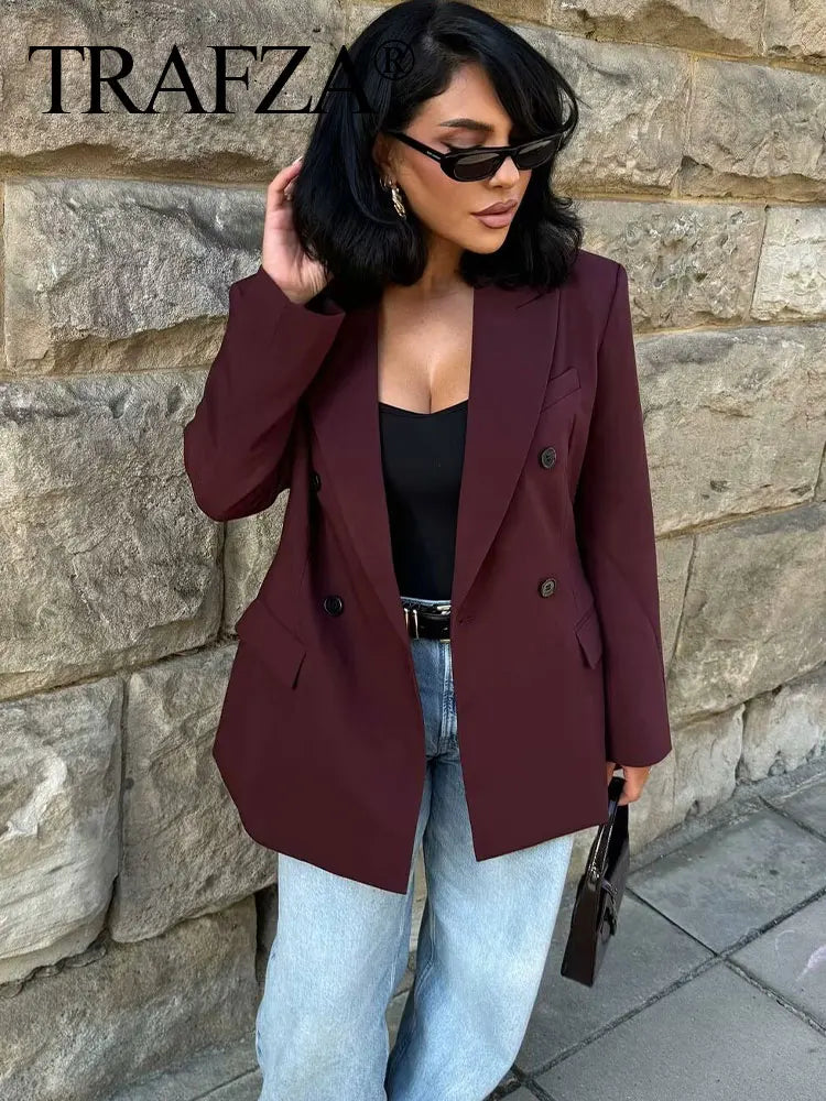 TRAFZA Vintage Woman Burgundy Red Blazer lapel Double Breasted Long Sleeve Suit Coat Women's 2024 Autumn Office Lady Outwear-belleandkai.com
