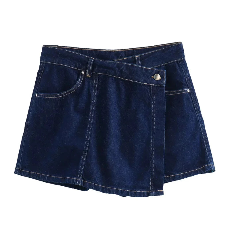 TRAF Blue Denim Shirt Woman Short Sleeve Cropped Shirt Women Summer Short Tops Woman Streetwear Y2k Stylish Women's Blouse-belleandkai.com