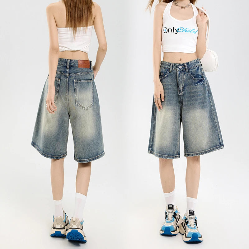 2025 Korean Street Casual Y2K Loose Wide-leg Denim Shorts Five-point Baggy Jeans Women's All-match Straight Summer Hot Shorts-belleandkai.com