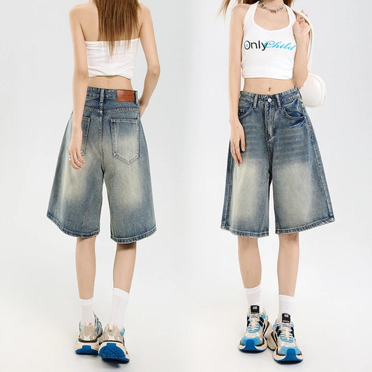 2025 Korean Street Casual Y2K Loose Wide-leg Denim Shorts Five-point Baggy Jeans Women's All-match Straight Summer Hot Shorts-belleandkai.com