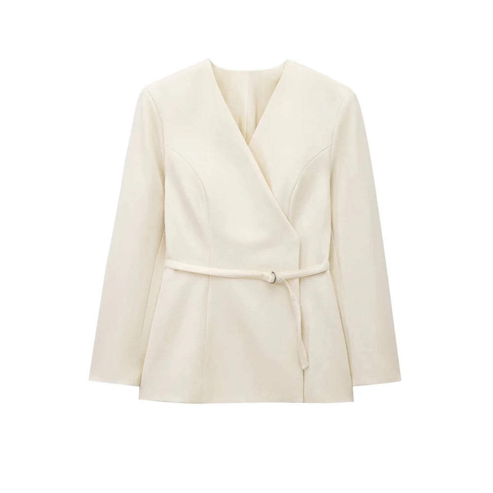 TRZA Women's Chic V-Neck Blazer Coat with Belt Long Sleeve Snap-Button Fashion Outerwear Top-belleandkai.com