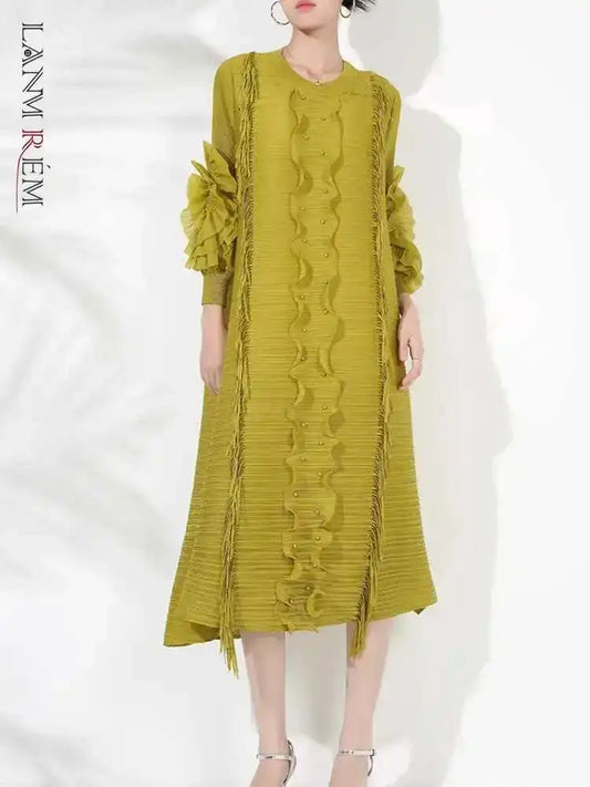 LANMREM Pleated Dress For Women V Neck Long Sleeves Solid Color Loose Big Size Female Elegant Clothing 2025 Spring New 2DB1281-belleandkai.com