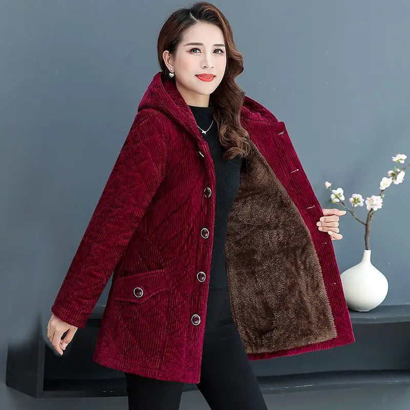 Corduroy Winter Coat Women Puffer Jacket Winter New Korean Style Long Ladies Over-the-knee Cotton Padded Jacket Keep Warm-belleandkai.com