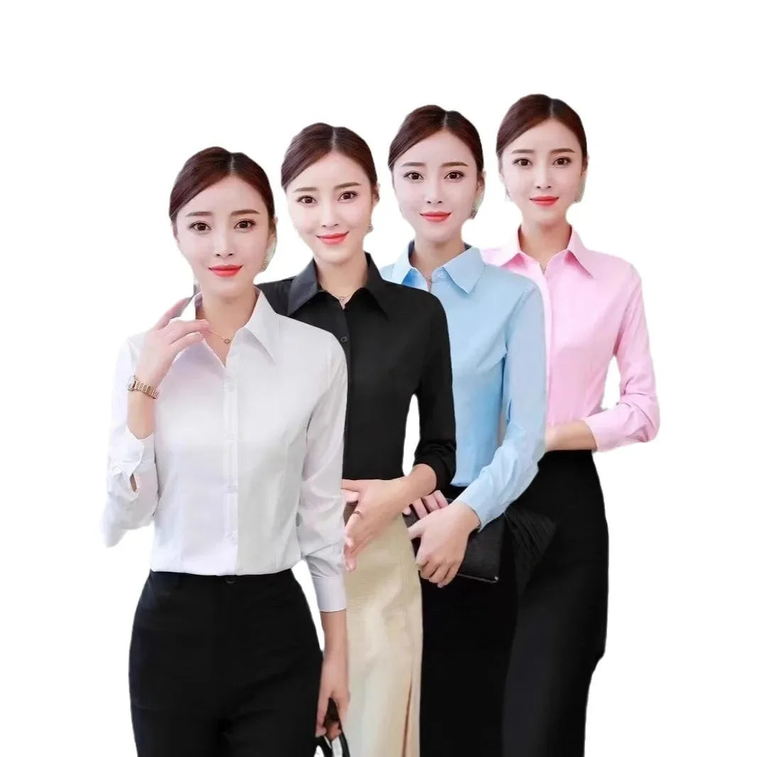 Slim Fit Workwear Shirt Women's Formal Long Sleeve Blue White Spring Summer Autumn Office Uniform Polo Collar Button Decoration-belleandkai.com