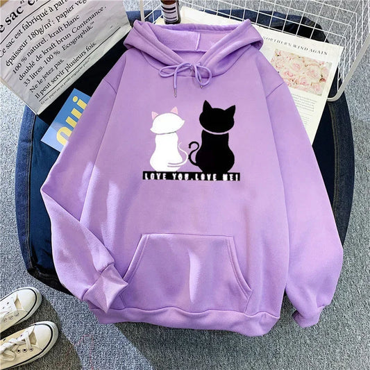 Women's Fleece Lined Hoodie Casual Cartoon Cat Print Oversize Loose Fit Autumn Winter Top Fashion Comfortable Streetwear-belleandkai.com