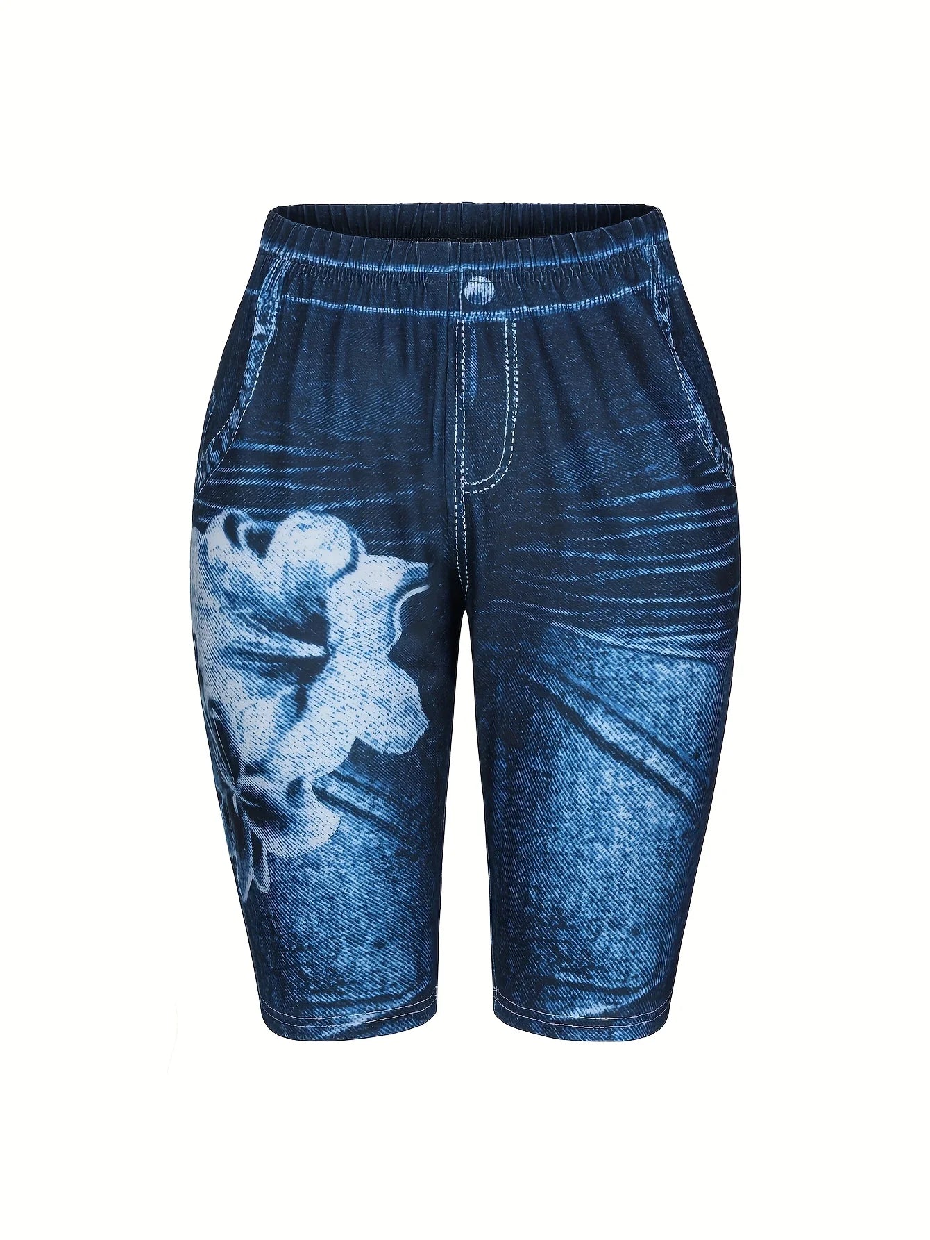 3-Piece Set Of Lily Flowers New Fashionable Denim Inspired Slim Fitting Shorts Women's Casual Leggings High Elasticity-belleandkai.com